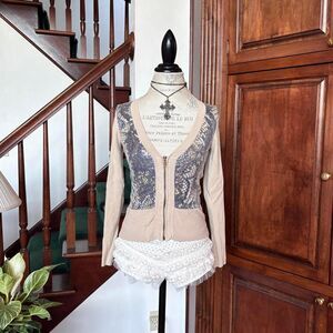 Cache Vintage Tan Sweater Blouse Top Sequins Snakeskin Print Zip Up Ribbed